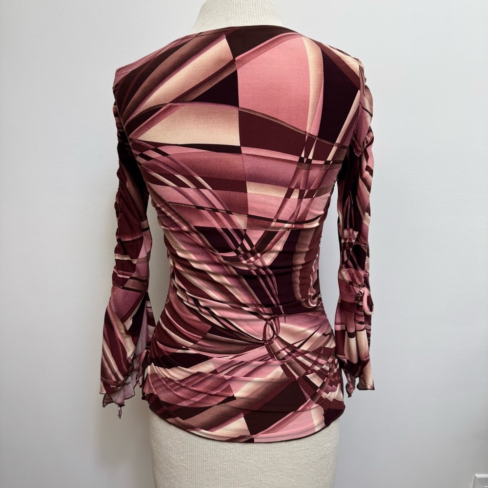 Classy- Vintage Pink and Burgundy Abstract Ruched Tie-Sleeve Blouse-Y2K - Picture 8 of 13